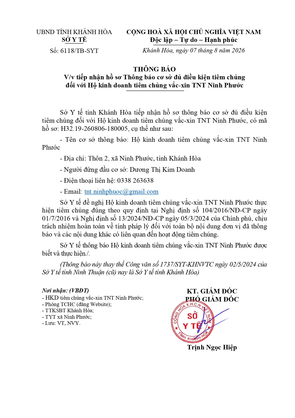 Thông báo V/v tiếp nhận hồ sơ Thông báo cơ sở đủ điều kiện tiêm chủng đối với Hộ kinh doanh tiêm chủng vắc-xin TNT Ninh Phước